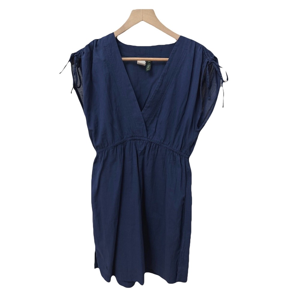 Lauren Ralph Lauren Dress Small Petite Navy Blue Cotton Gauze V-Neck Mini Pocket